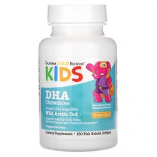 California Gold Nutrition, Kids, дитячі жувальні таблетки з ДГК, 100 % дика арктична тріска, полуниця та лимон, 180 капсул із риб’ячого желатину